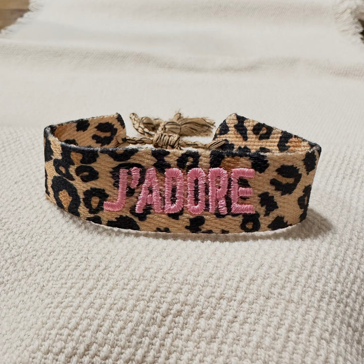 Leopard woven cotton bracelet with Miami pink French embroidery