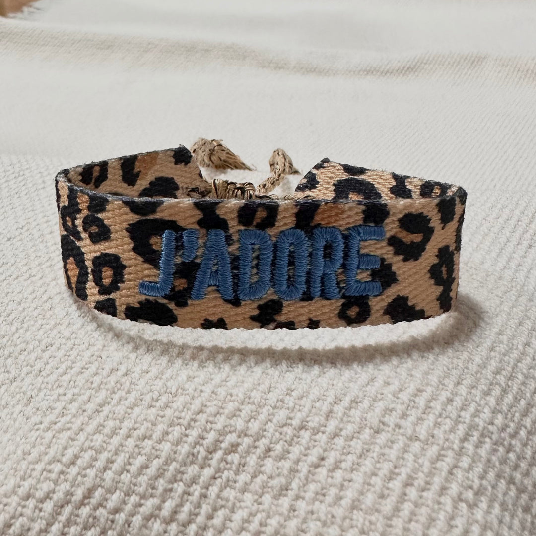 Leopard woven cotton bracelet with denim blue French embroidery