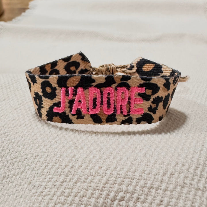 Leopard woven cotton bracelet with neon pink French embroidery