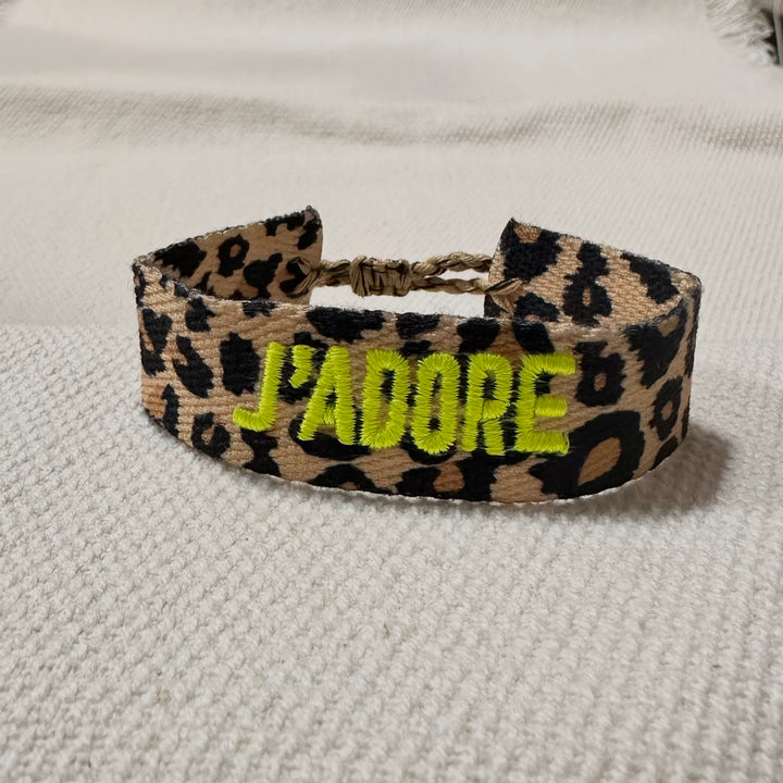 Leopard woven cotton bracelet with neon yellow French embroidery