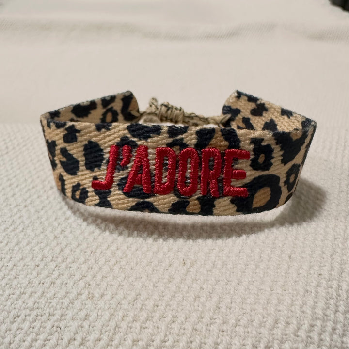 Leopard woven cotton bracelet with red French embroidery