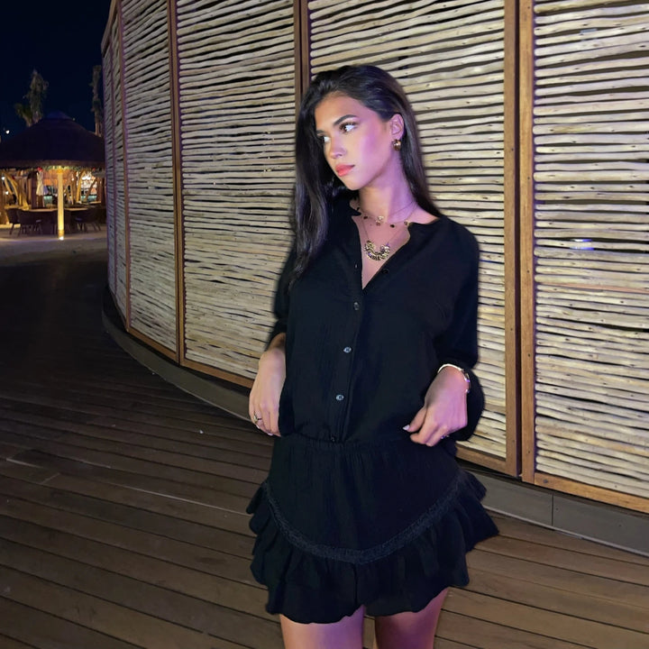BLACK COTTON GAUZE SET MAJDOU-SHIRT&RUFFLE SKORT