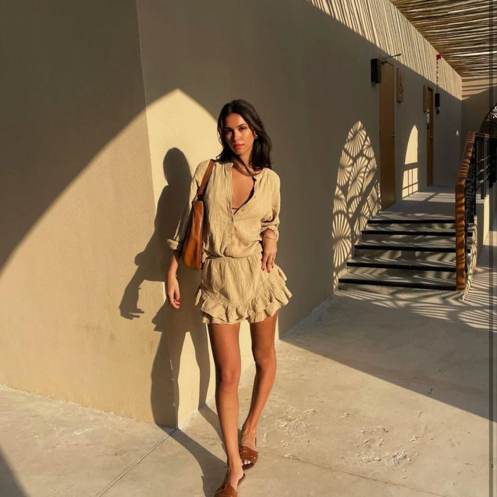 CAMEL COTTON GAUZE SET MAJDOU-SHIRT&RUFFLE SKORT