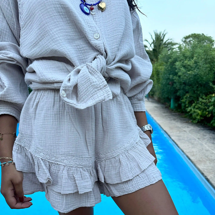 LIGHT BEIGE COTTON GAUZE SET MAJDOU-SHIRT&RUFFLE SKORT