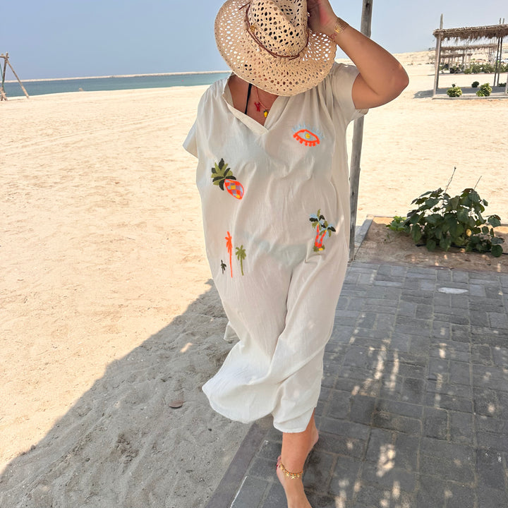 OFF WHITE EMBROIDERED BEACH TUNIC – COTTON VOILE V-NECK COVER-UP