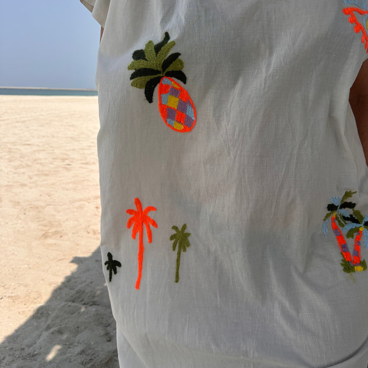 OFF WHITE EMBROIDERED BEACH TUNIC – COTTON VOILE V-NECK COVER-UP