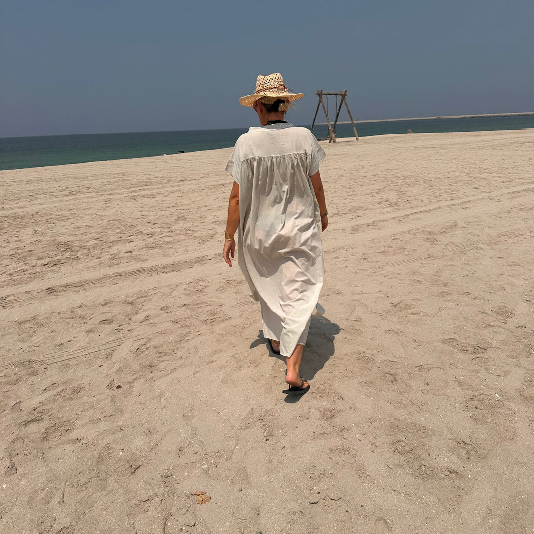 OFF WHITE EMBROIDERED BEACH TUNIC – COTTON VOILE V-NECK COVER-UP