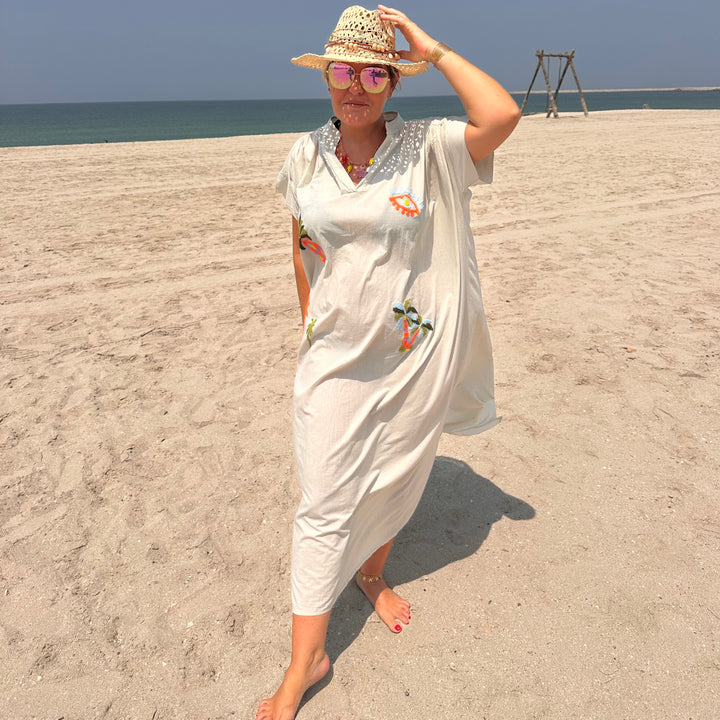 OFF WHITE EMBROIDERED BEACH TUNIC – COTTON VOILE V-NECK COVER-UP
