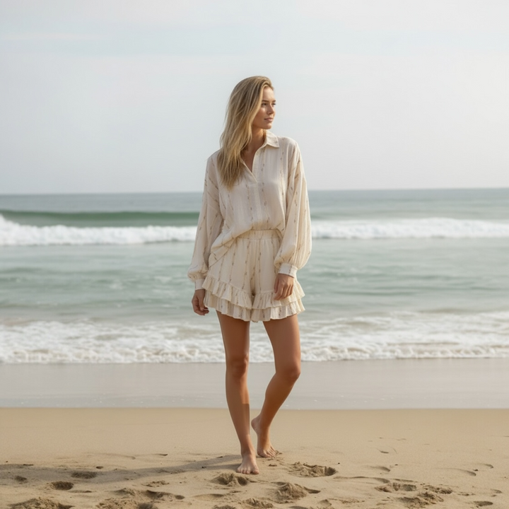 OFF WHITE COTTON WOWEN SET MAJDOU - SHIRT & RUFFLE SKORT