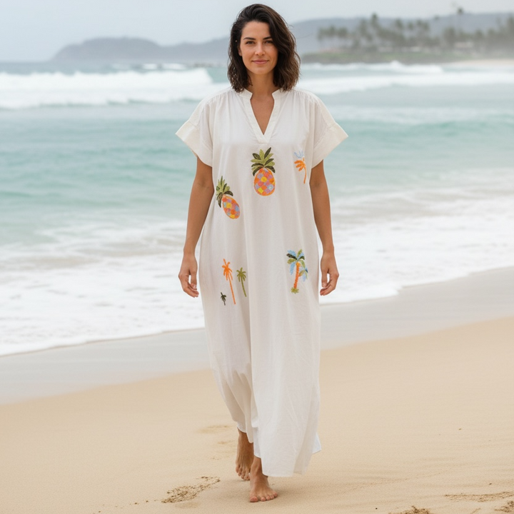 OFF WHITE EMBROIDERED BEACH TUNIC – COTTON VOILE V-NECK COVER-UP