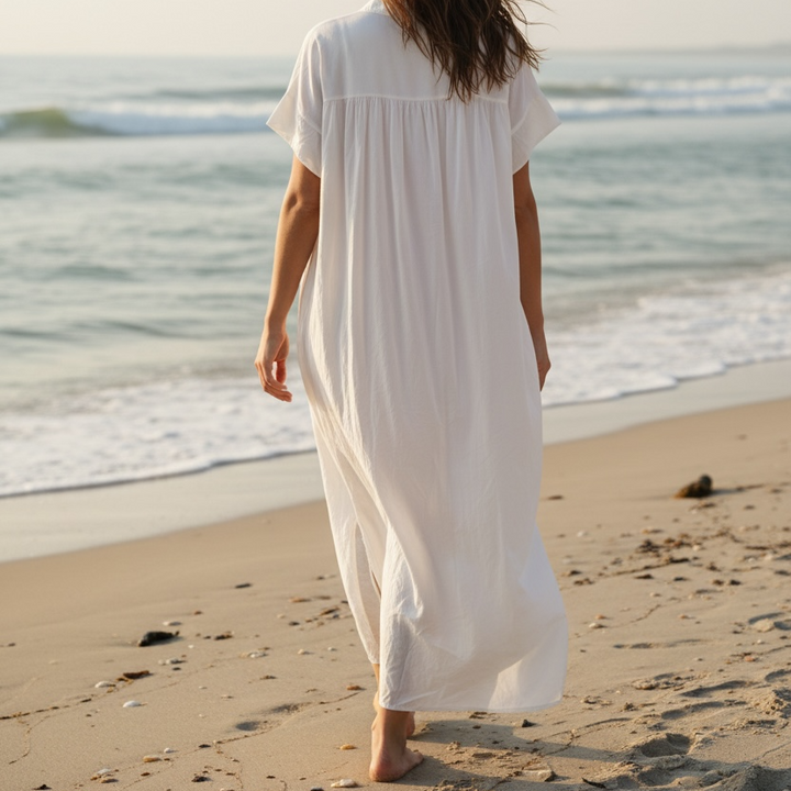 OFF WHITE EMBROIDERED BEACH TUNIC – COTTON VOILE V-NECK COVER-UP
