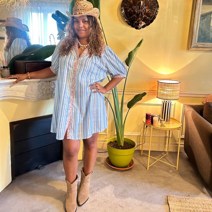 LONDON OVERSIZED COTTON VOILE STRIPED DRESS – BLUE WITH LIBERTY FLORAL DETAILS