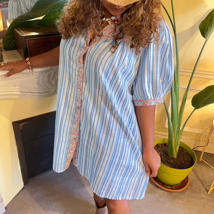 LONDON OVERSIZED COTTON VOILE STRIPED DRESS – BLUE WITH LIBERTY FLORAL DETAILS
