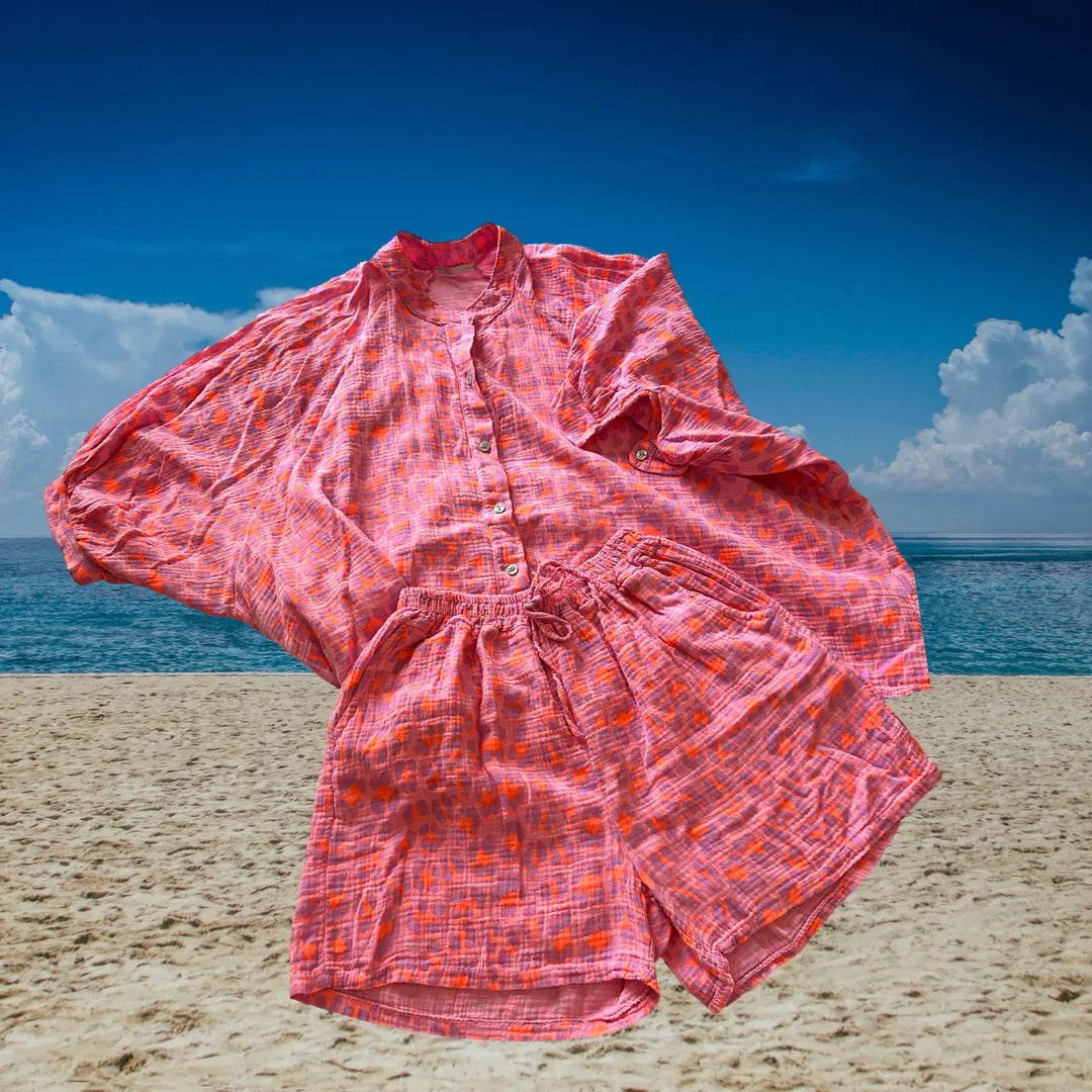 OVERSIZED COTTON GAUZE SET ANGIE – PINK LEOPARD PRINT SHIRT AND SHORTS CO-ORD FOR SUMMER