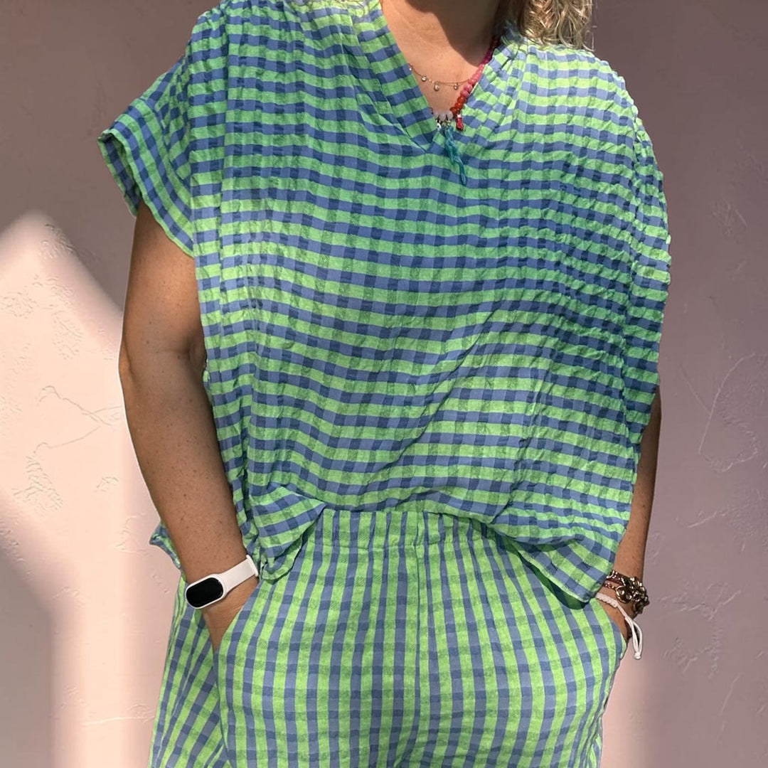 OVERSIZED BLUE&GREEN COTTON GINGHAM SET -BARREL PANTS