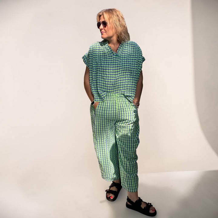 OVERSIZED BLUE&GREEN COTTON GINGHAM SET -BARREL PANTS