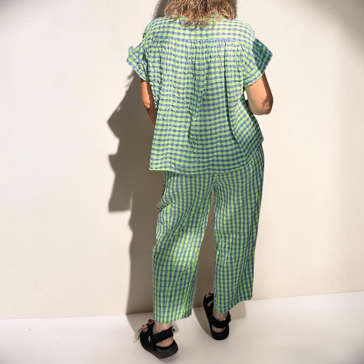 OVERSIZED BLUE&GREEN COTTON GINGHAM SET -BARREL PANTS