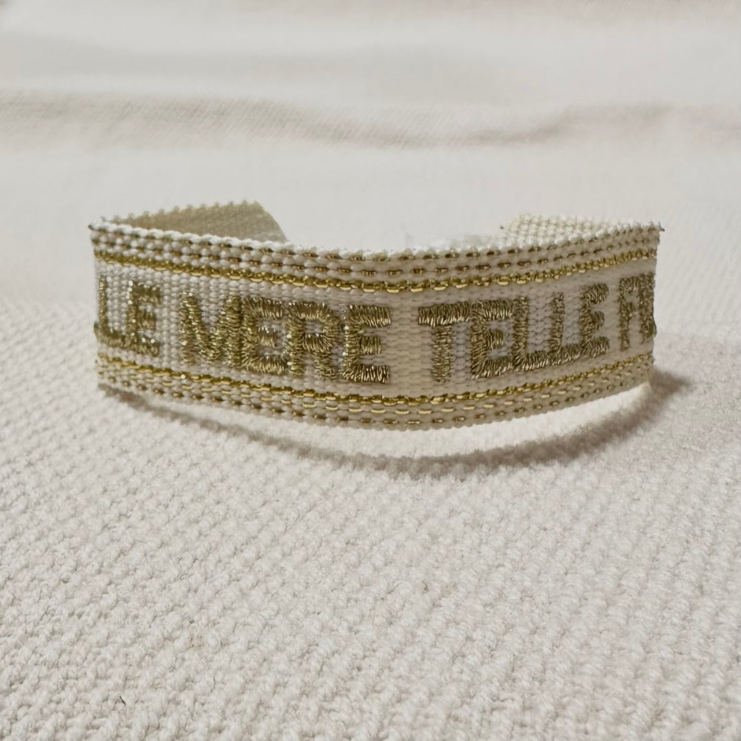 Off white woven bracelet with gold thread French embroidery, telle mère telle fille