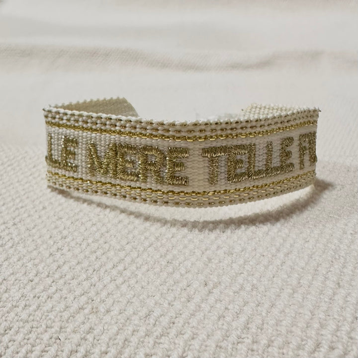 Off white woven bracelet with gold thread French embroidery, telle mère telle fille