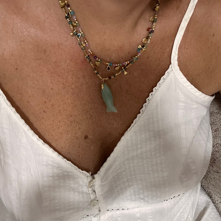 PESCA NATURAL STONE FISH PENDANT GOLD NECKLACE