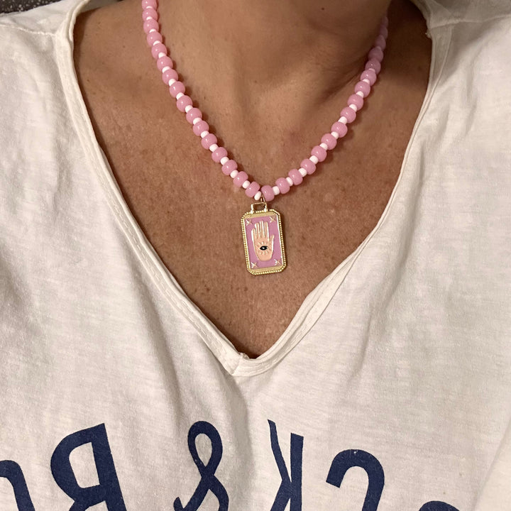 PINK TAROT HAMSA BEADED NECKLACE — GOOD LUCK CHARM