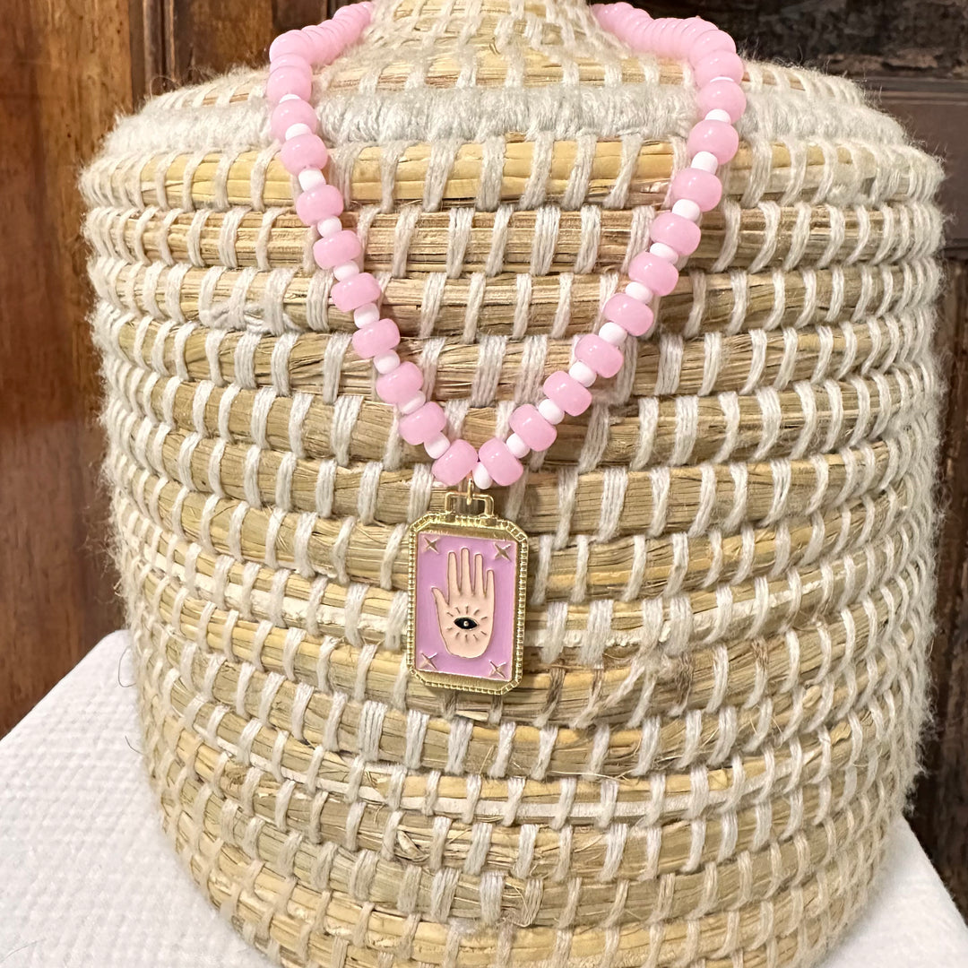 PINK TAROT HAMSA BEADED NECKLACE — GOOD LUCK CHARM