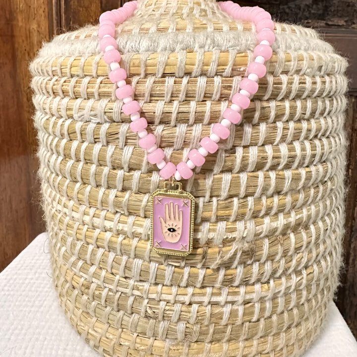 PINK TAROT HAMSA BEADED NECKLACE — GOOD LUCK CHARM