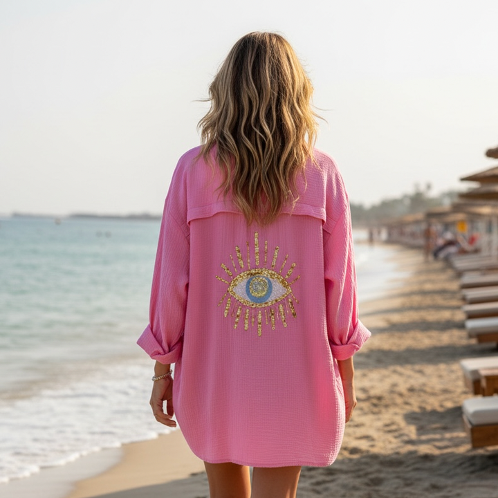 Sunset Eye oversized shirt in pink cotton gauze with embroidered evil eye back design - La Maison Angélique