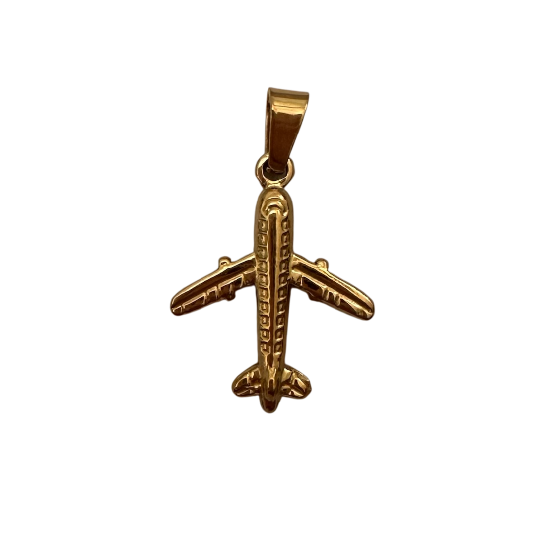 A gold airplane pendant charm with detailed wing and fuselage engravings, shown against a plain white background.