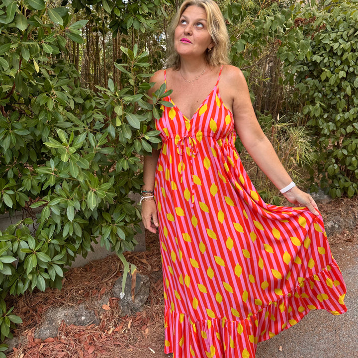 POSITANO LEMON PRINT STRIPED MAXI DRESS PINK & ORANGE