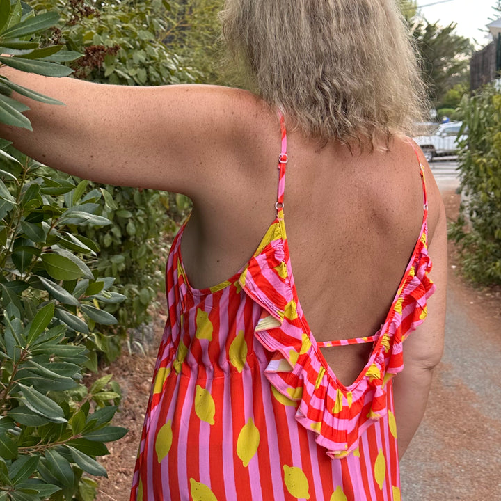 POSITANO LEMON PRINT STRIPED MAXI DRESS PINK & ORANGE