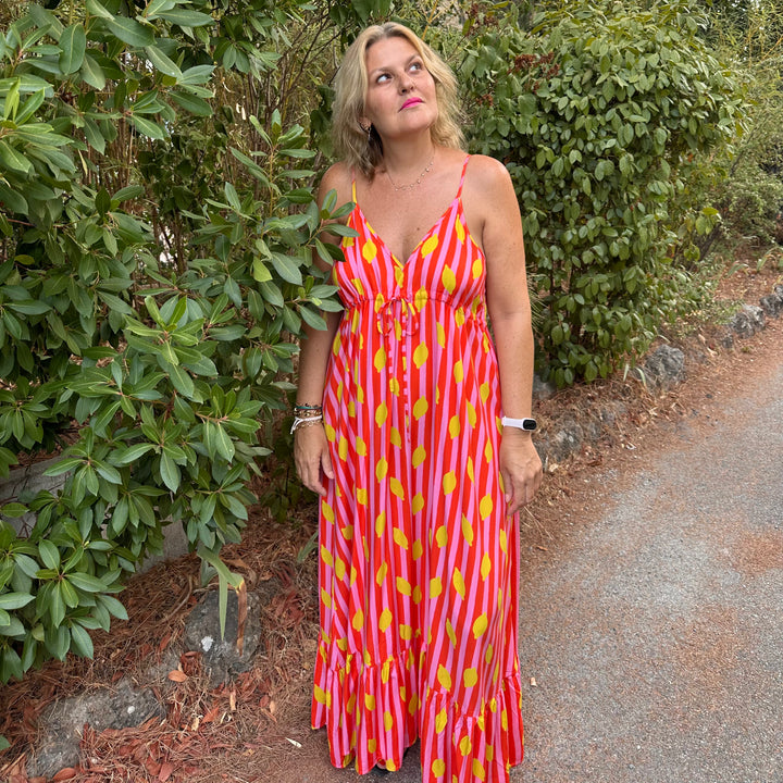 POSITANO LEMON PRINT STRIPED MAXI DRESS PINK & ORANGE