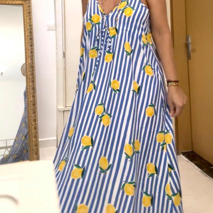 POSITANO OVERSIZED DRESS – BLUE STRIPED WITH LEMON PRINT
