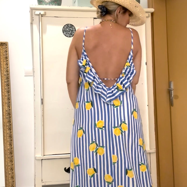 POSITANO OVERSIZED DRESS – BLUE STRIPED WITH LEMON PRINT
