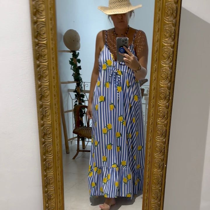 POSITANO OVERSIZED DRESS – BLUE STRIPED WITH LEMON PRINT