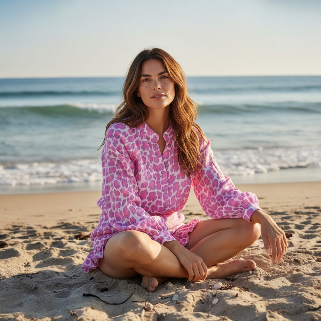 LEOPARD PINK COTTON GAUZE SET MAJDOU - SHIRT & RUFFLE SKORT