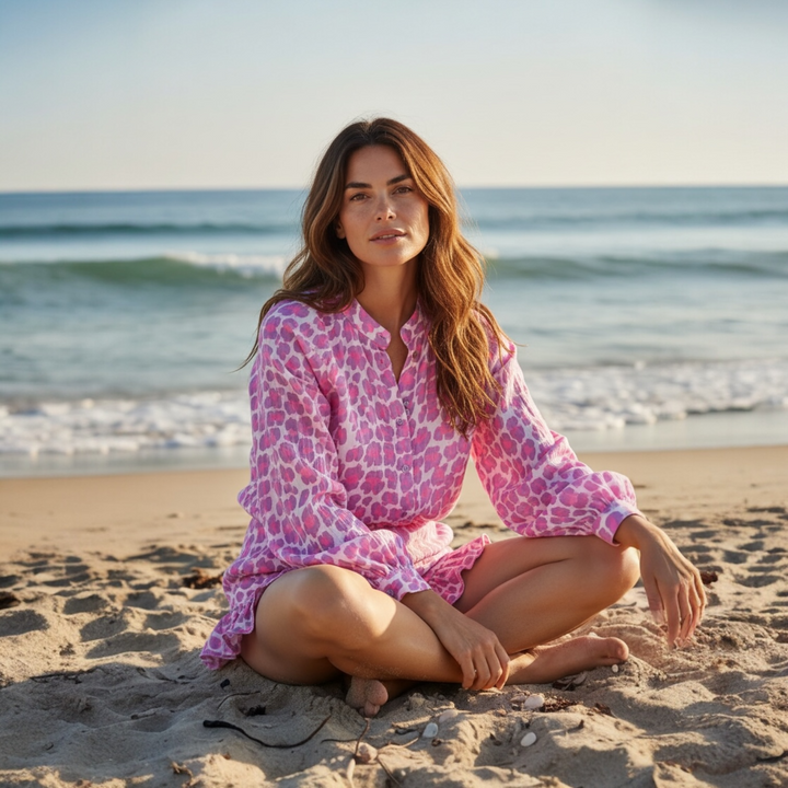 LEOPARD PINK COTTON GAUZE SET MAJDOU - SHIRT & RUFFLE SKORT