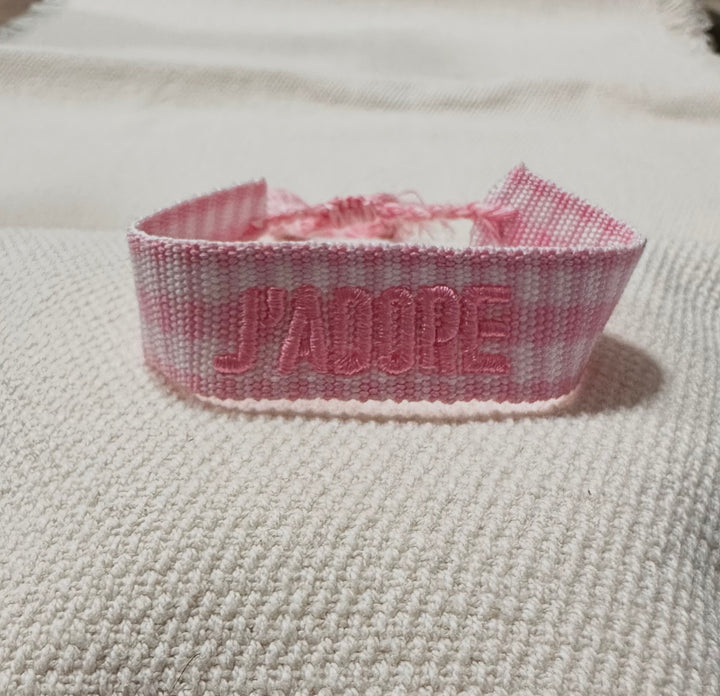 Pink gingham woven cotton bracelet with pink French embroidery – La Maison Angélique Dubai