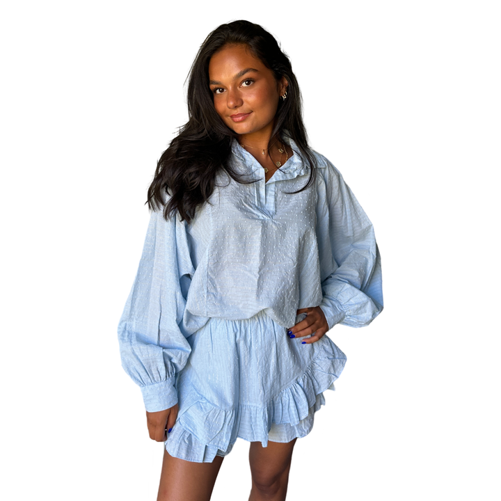 SKY BLUE SET PETULA-COTTON VOILE WITH GOLD THREAD  – ELASTIC WAIST RUFFLE SKORT & BATWING SLEEVE SHIRT