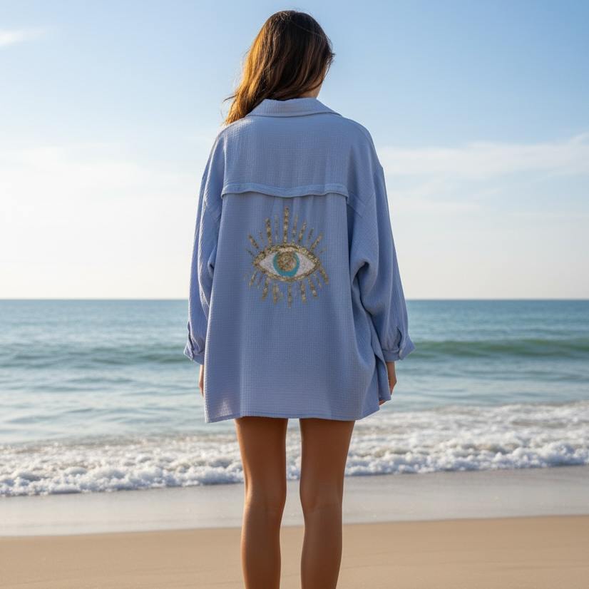 Sunset Eye oversized shirt in blue cotton gauze with embroidered evil eye back design - La Maison Angélique