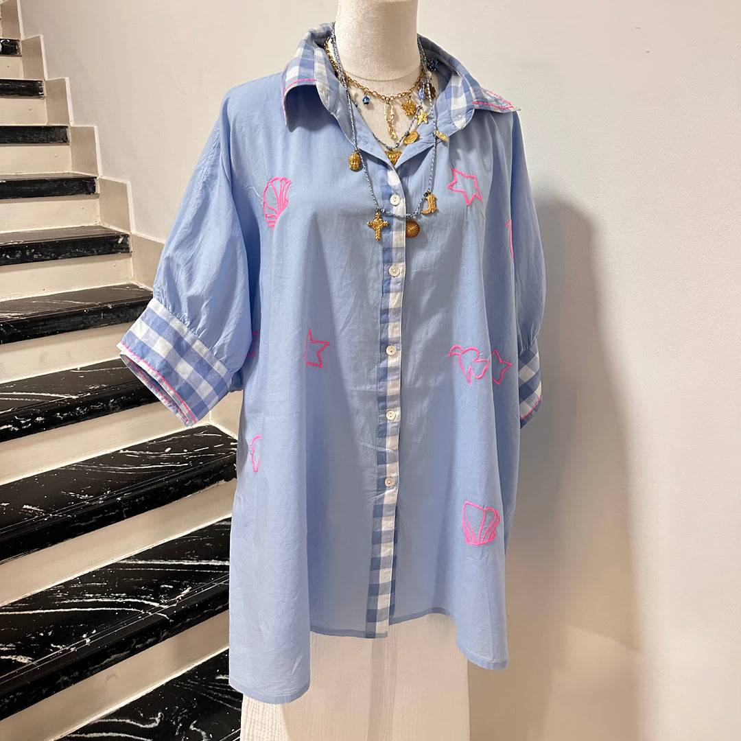 ST. TROPEZ BLUE OVERSIZED BLOUSE – COTTON VOILE WITH GINGHAM DETAILS & EMBROIDERIES