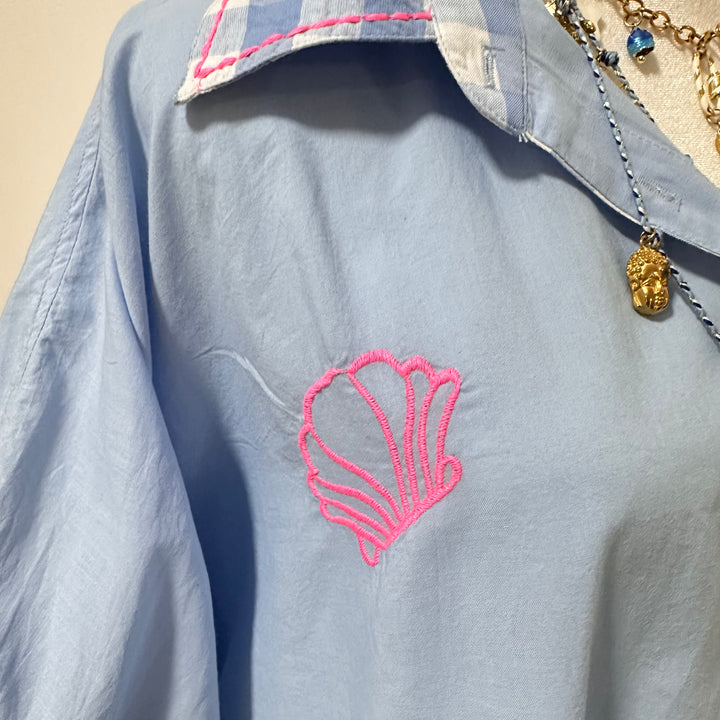 ST. TROPEZ BLUE OVERSIZED BLOUSE – COTTON VOILE WITH GINGHAM DETAILS & EMBROIDERIES