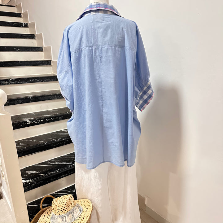 ST. TROPEZ BLUE OVERSIZED BLOUSE – COTTON VOILE WITH GINGHAM DETAILS & EMBROIDERIES
