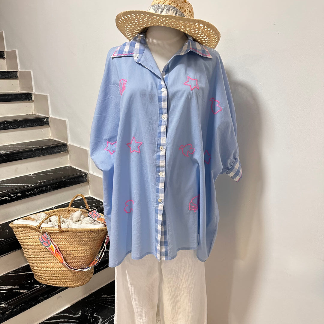 ST. TROPEZ BLUE OVERSIZED BLOUSE – COTTON VOILE WITH GINGHAM DETAILS & EMBROIDERIES