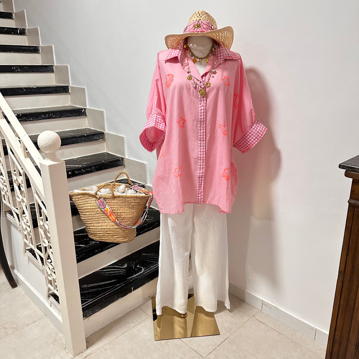 ST. TROPEZ PINK OVERSIZED BLOUSE – COTTON VOILE WITH GINGHAM DETAILS & EMBROIDERIES
