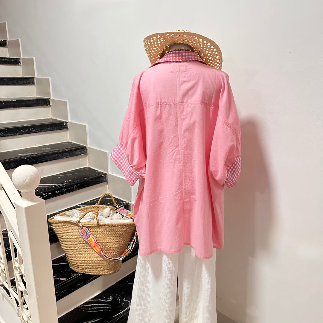 ST. TROPEZ PINK OVERSIZED BLOUSE – COTTON VOILE WITH GINGHAM DETAILS & EMBROIDERIES