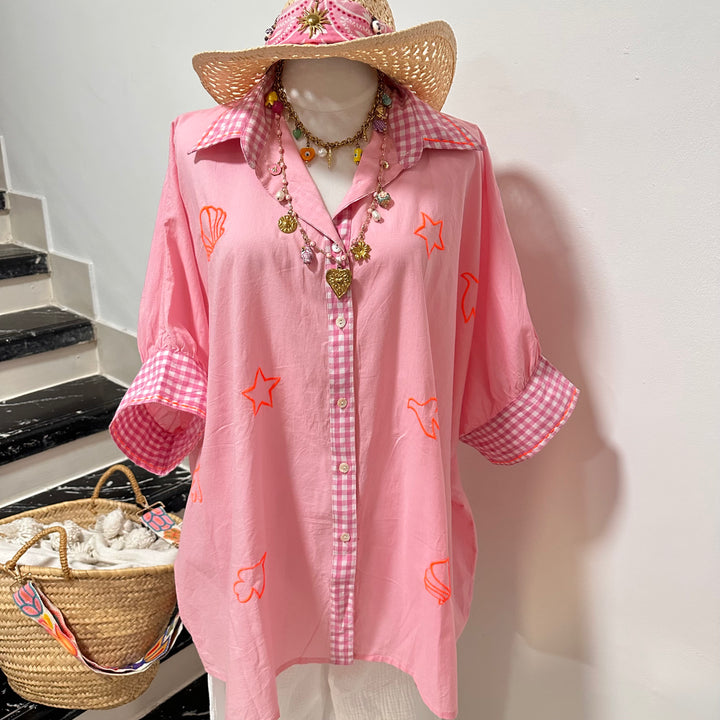 ST. TROPEZ PINK OVERSIZED BLOUSE – COTTON VOILE WITH GINGHAM DETAILS & EMBROIDERIES