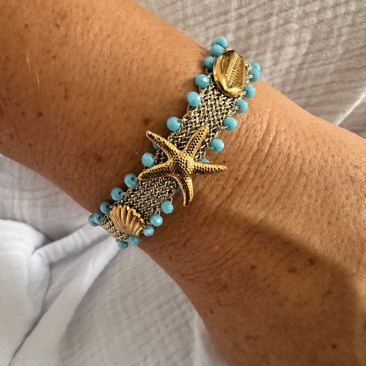 STARFISH & SHELL ADJUSTABLE BRACELET – GOLD CHARM & TURQUOISE BEADS