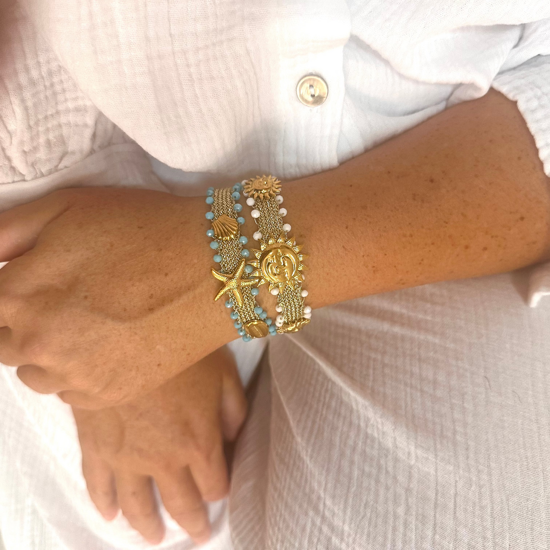 SUN & MOON GOLDEN ADJUSTABLE  BRACELET - GOLD CHARMS WITH WHITE BEADS