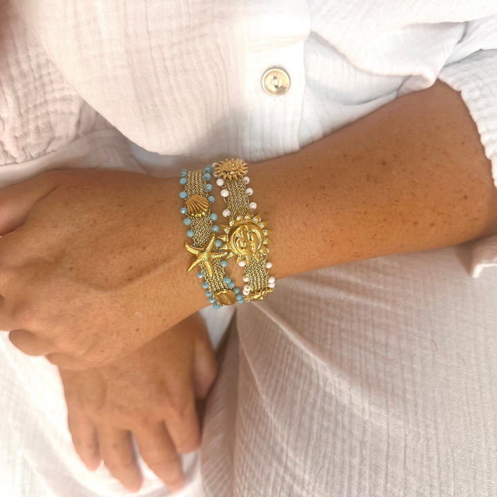 STARFISH & SHELL ADJUSTABLE BRACELET – GOLD CHARM & TURQUOISE BEADS